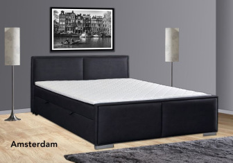 Lit boxspring en tissu noir avec coffres, matelas et topper inclus Lit boxspring en tissu noir avec coffres, matelas et topper inclus
