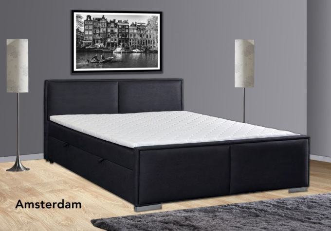 Lit boxspring en tissu noir avec coffres, matelas et topper inclus