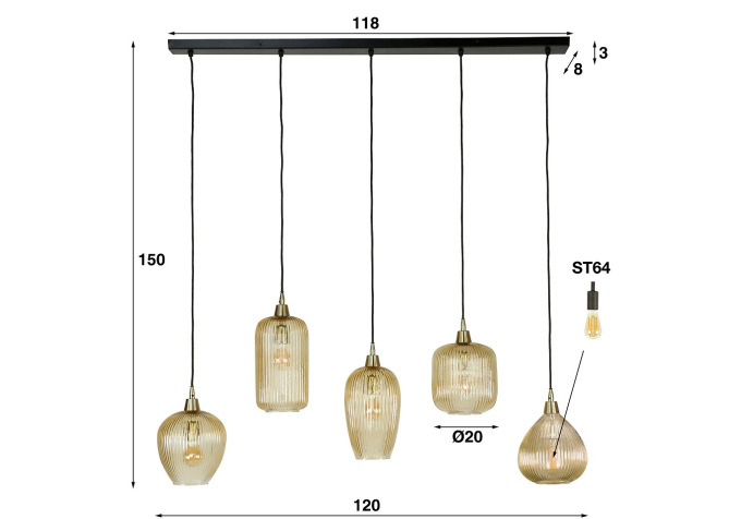 Suspension 5 Lampes stripe glass mix