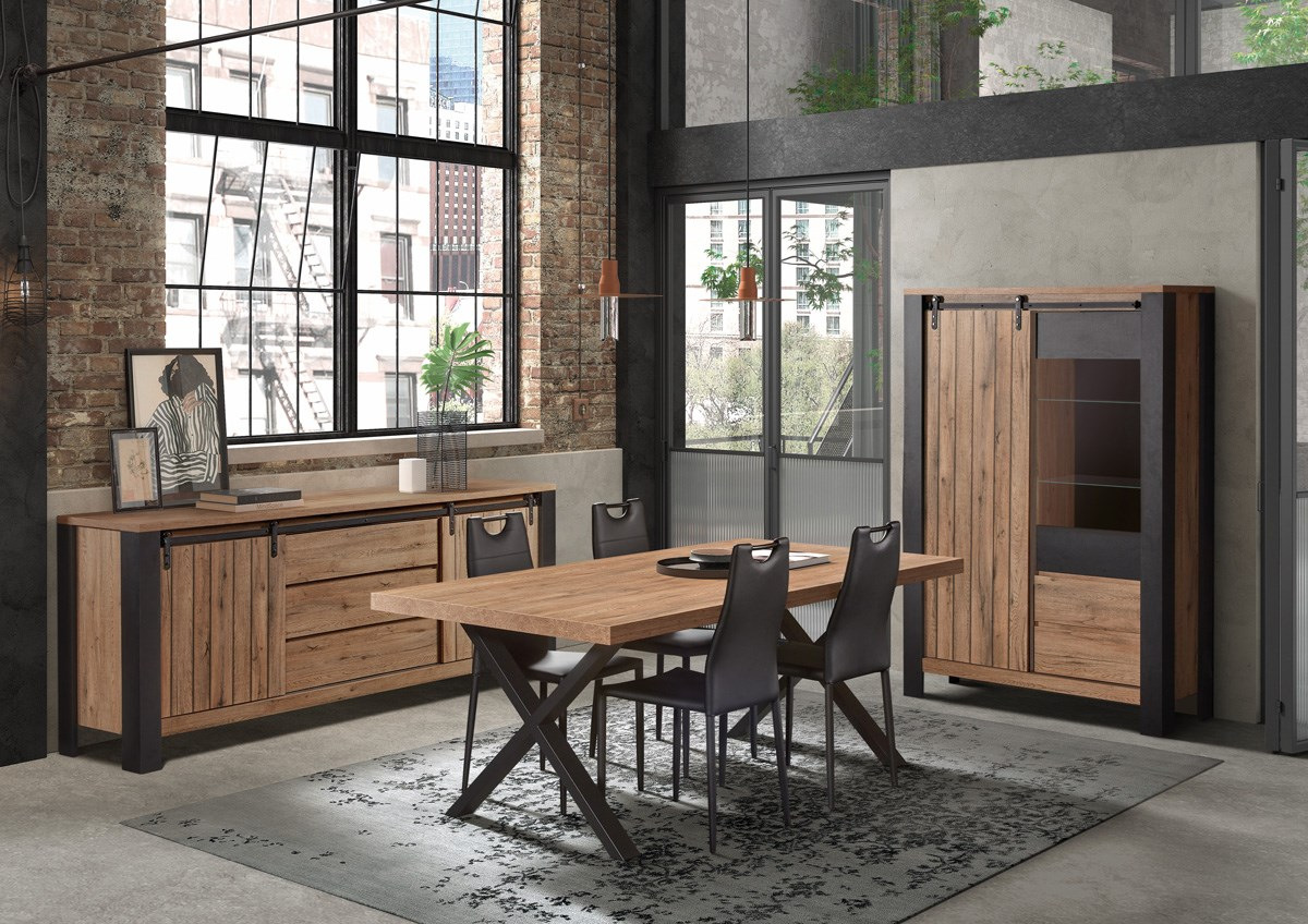 Salle à Manger Complète 7 Pièces En Bois Massif - Table, Chaises, Buffet, Armoire - Marron