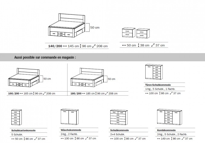 Lit adulte Isoka 140 cm avec tiroirs et 2 chevets